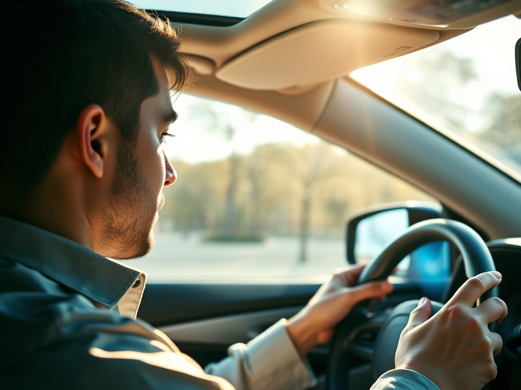 نمای نزدیک از یک راننده که با تمرکز به صفحه نمایش GPS خودرو نگاه می‌کند. نور خورشید از شیشه جلو منعکس می‌شود و نقشه‌ها به وضوح دیده می‌شوند. رنگ‌ها زنده و جذاب هستند و حس مسیریابی مطمئن و مدرن را القا می‌کنند.