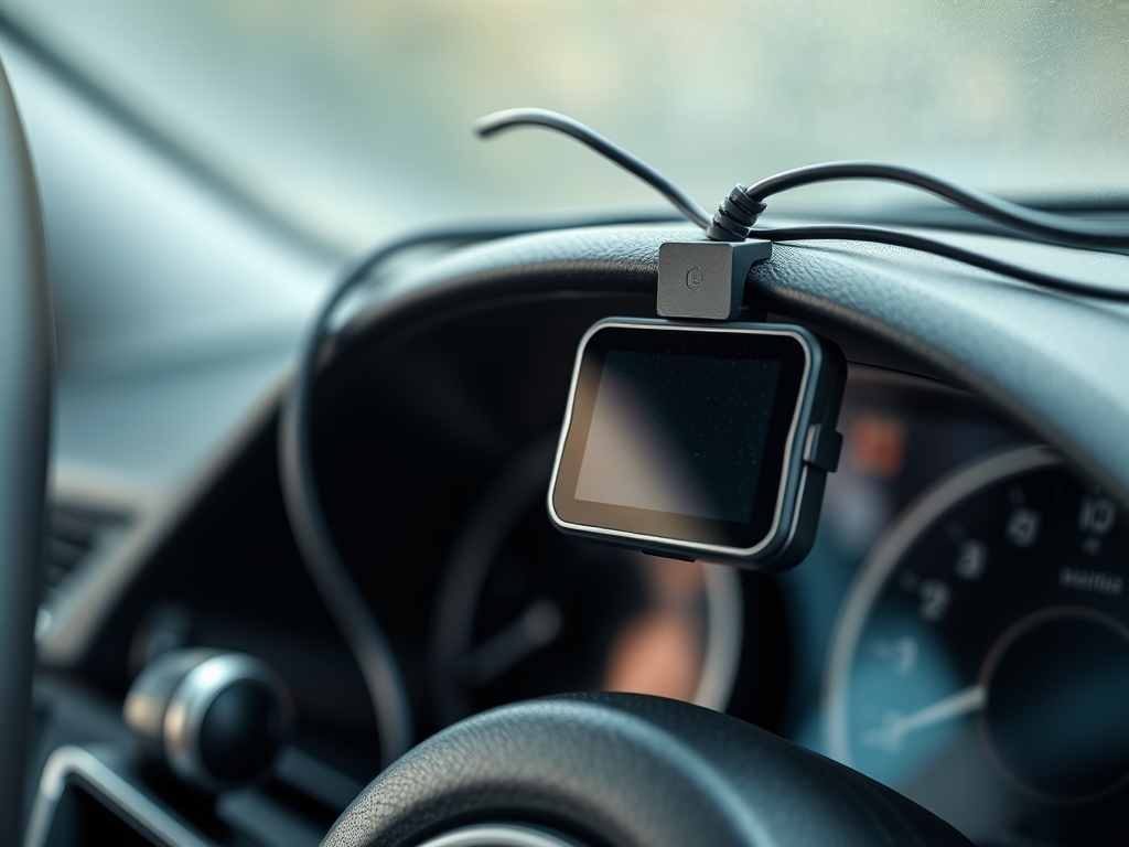 نمای نزدیک از یک ردیاب GPS خودرو نصب شده در داخل داشبورد، سیم‌های برق ظریف در پس‌زمینه دیده می‌شوند. نورپردازی ملایم و طبیعی، رنگ‌ها متعادل و با کیفیت بالا.