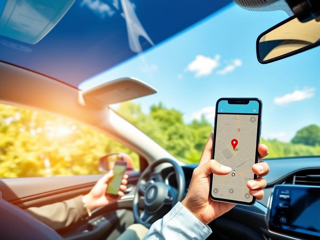 تصویر یک خودرو مدرن با ردیاب GPS که با موفقیت نصب شده و در حال نمایش موقعیت مکانی آن روی یک گوشی هوشمند است. راننده با لبخند اطمینان در حال رانندگی است و محیط اطراف نشان دهنده یک روز آفتابی و پر انرژی است.