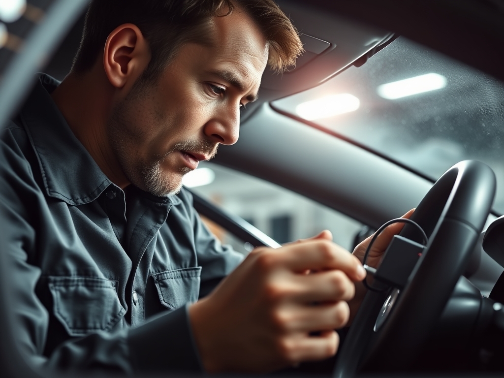 نمای نزدیک از یک متخصص برق خودرو که در حال بررسی سیم‌کشی ردیاب GPS در داخل خودرو است. نورپردازی روشن و حرفه‌ای، ابزارآلات دقیق و چهره متمرکز متخصص نشان‌دهنده دقت و مهارت اوست. محیط اطراف مرتب و منظم است.