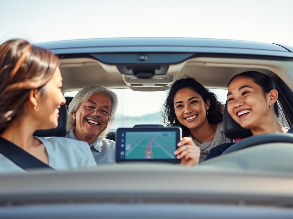 تصویر یک خانواده در حال سوار شدن به ماشین با لبخند، ماشین مجهز به GPS با صفحه نمایش نشان دهنده مسیر، آسمان آبی و روشن