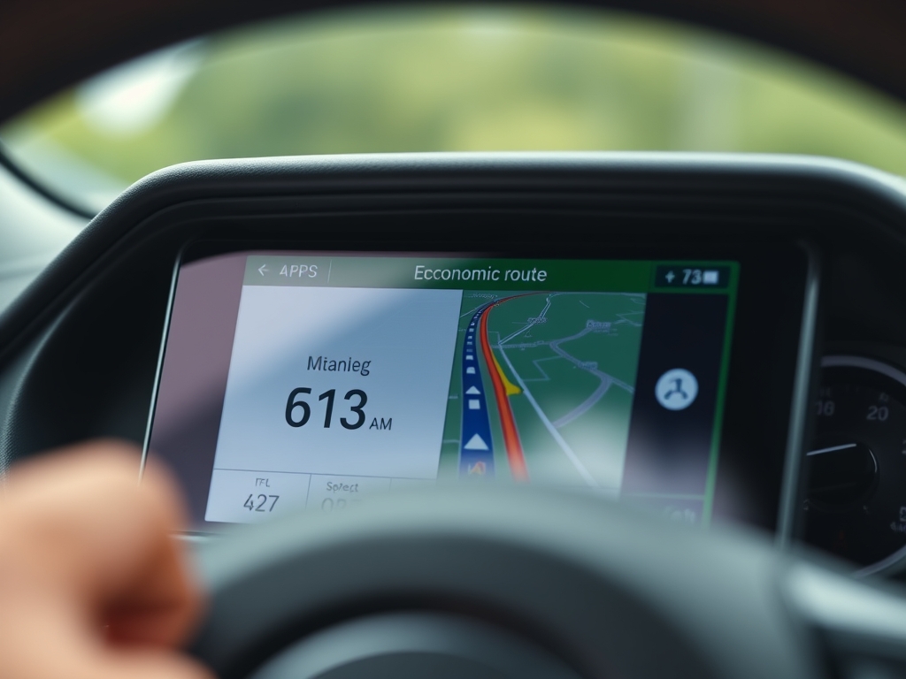 نمای نزدیک از یک صفحه نمایش ردیاب GPS در خودرو، نمایشگر مصرف سوخت بهینه و مسیر پیشنهادی اقتصادی، با تمرکز بر جزئیات گرافیکی و اطلاعات واضح و خوانا. نورپردازی ملایم و حرفه‌ای، رنگ‌های مدرن و کاربردی.