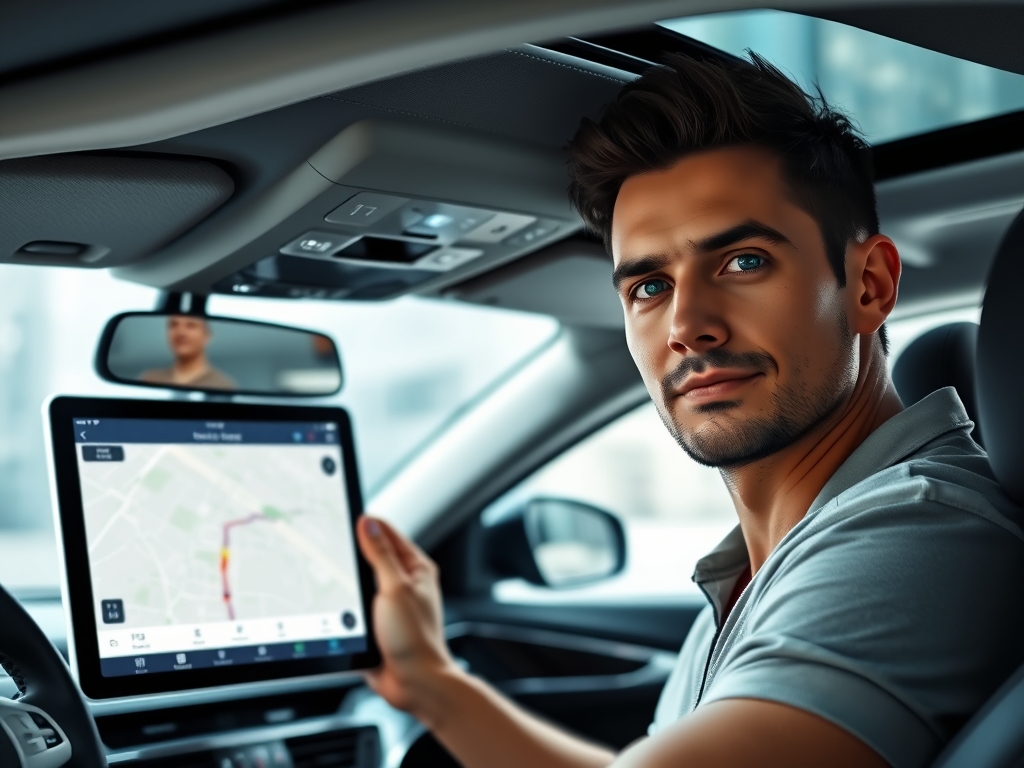 تصویری از یک ردیاب خودرو کوچک و مدرن متصل به داشبورد یک خودروی لوکس، با نمایش نقشه GPS بر روی یک تبلت و دست یک مرد که در حال تنظیم ردیاب است. نورپردازی ملایم و فوکوس بر روی ردیاب و نقشه، حس امنیت و تکنولوژی را القا می‌کند.