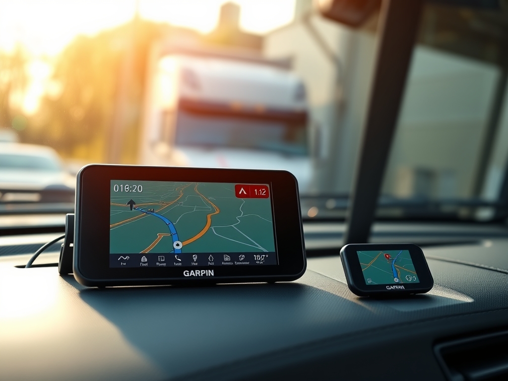 نمایی از تفاوت صفحه نمایش GPS خودروی شخصی در برابر یک GPS حرفه ای نصب شده داخل کابین یک کامیون، نورپردازی داخل کابین