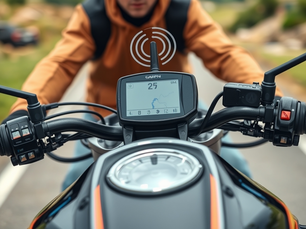 موتورسیکلت در فضای باز با GPS روشن برای نمایش سیگنال قوی، نور طبیعی روز