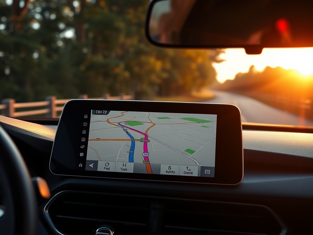 نمای نزدیک از یک صفحه نمایش GPS در ماشین، نشان‌دهنده نقشه آفلاین با جزئیات دقیق، در یک جاده روستایی با مناظر طبیعی زیبا در پس‌زمینه، نور خورشید ملایم در حال تابیدن، حس ماجراجویی و اطمینان را القا می‌کند.