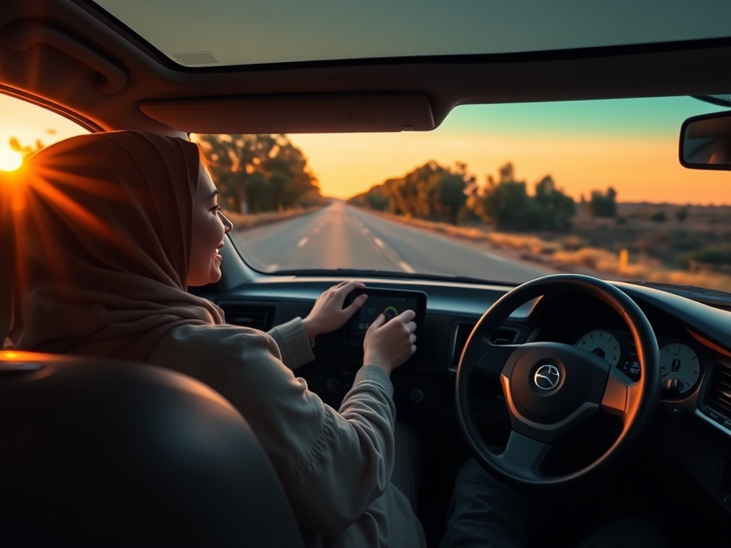 تصویر یک خودرو با GPS در حال حرکت در یک جاده امن و زیبا در غروب آفتاب، نشان دهنده آرامش و امنیت ناشی از استفاده از GPS