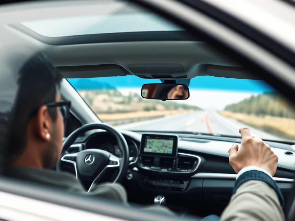 دستگاه GPS در داخل ماشین با دیدی نزدیک، تاکید بر تکنولوژی موقعیت یابی و مسیرهای پیچیده جاده