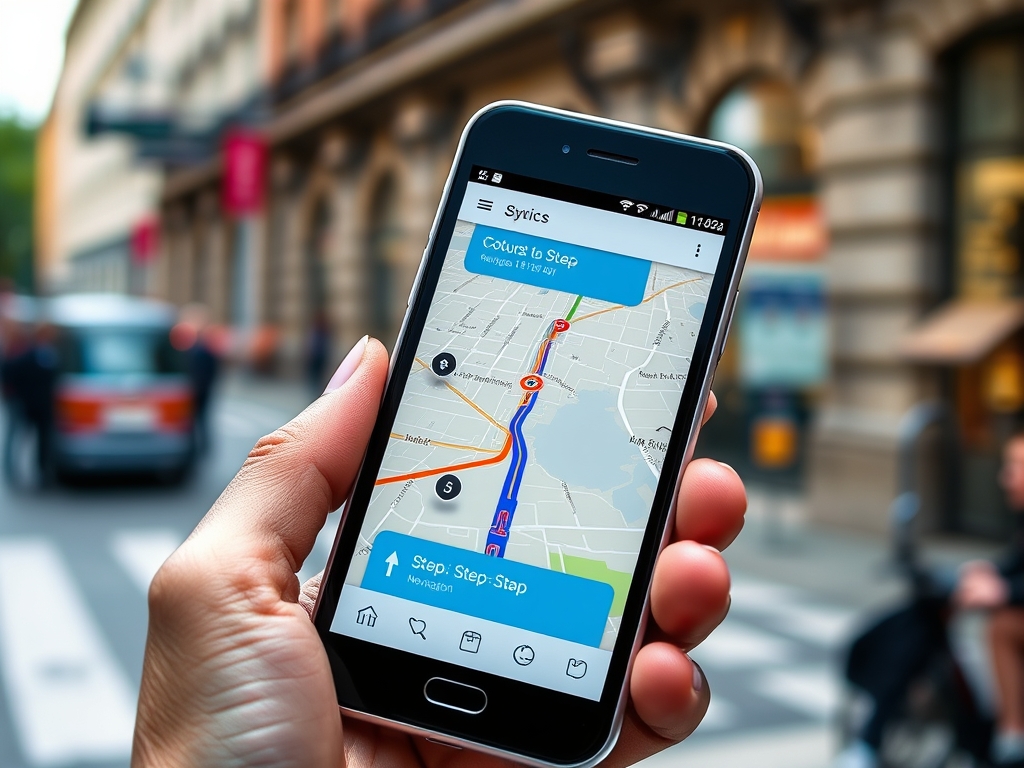 تصویری از یک گوشی موبایل که اپلیکیشن Sygic GPS Navigation & Maps را نشان می دهد. نقشه در یک محیط شهری نمایش داده شده است. رابط کاربری اپلیکیشن واضح است و مسیریابی گام به گام را نشان می‌دهد.